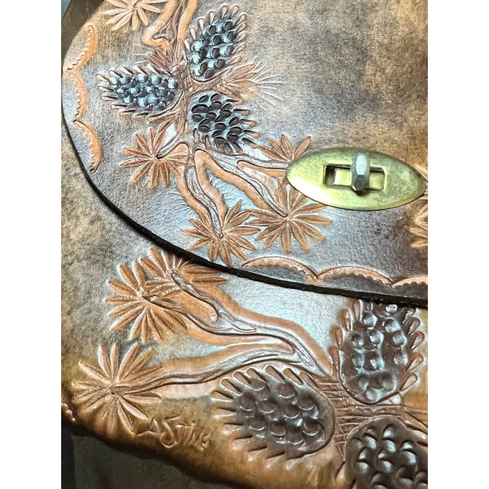Hand Tooled Leather Pinecone Crossbody Bag Rustic Western Artisan Purse Whimsy